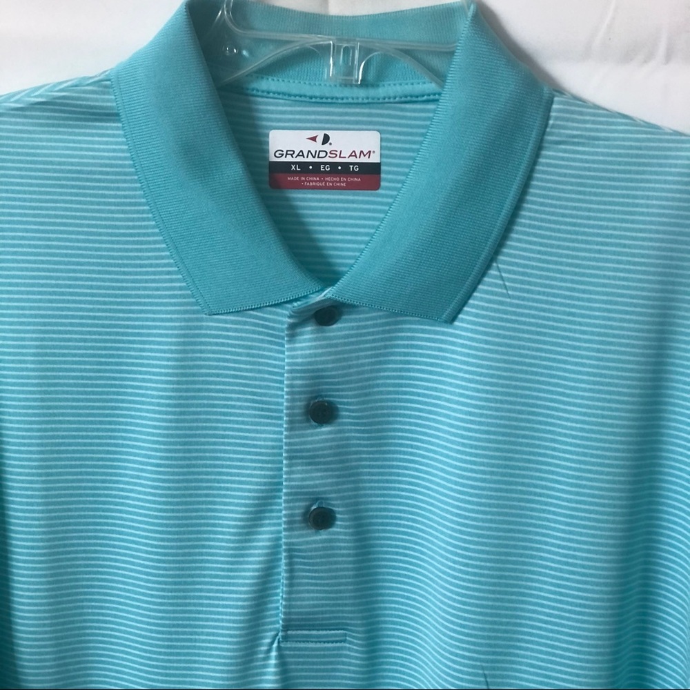 52% OFF Grand Slam Mens Teal and White Striped Shortsleeved Golf Polo Shirt
